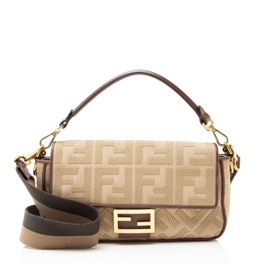 Fendi FF Embroidered Canvas Baguette Shoulder Bag